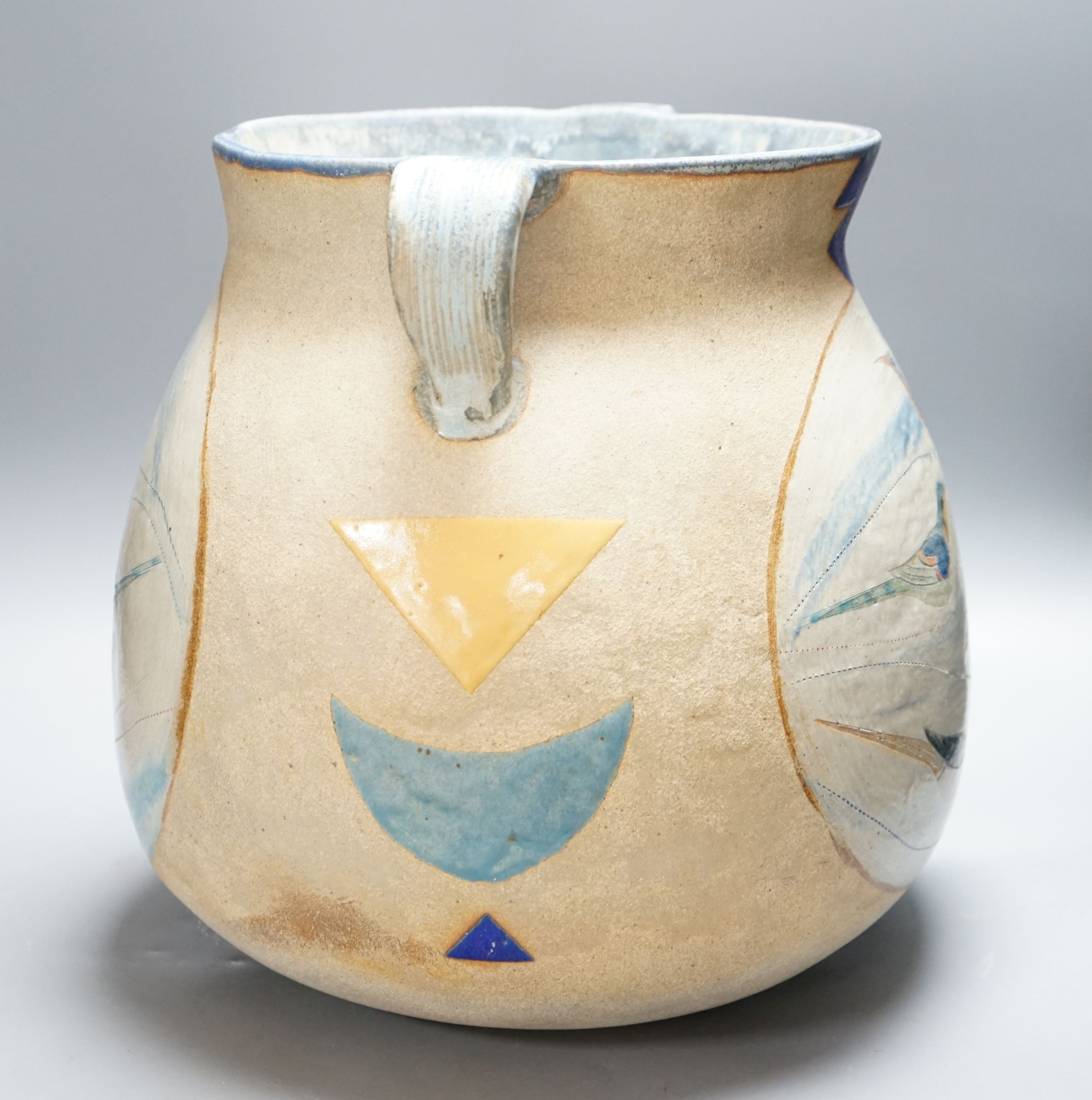 Jill Fanshawe-Kato (b.1943), a large two handled stoneware 'bird' jar 33cm high, 35cm wide